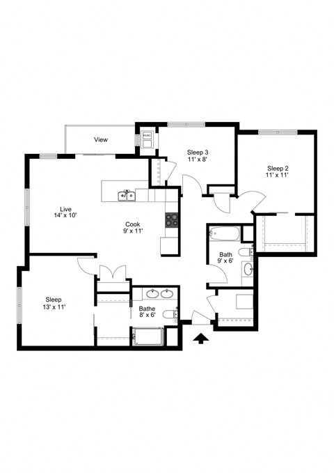 Floor plan for 3 beds, 2 baths, 1302 sqft
